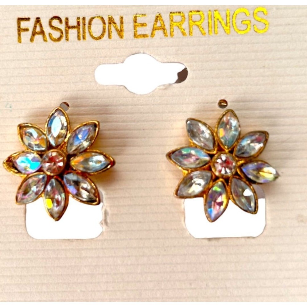 1990s Clip On Clear Crystal Flower Earrings 3/4" Diameter Non-Pierced Goldtone
